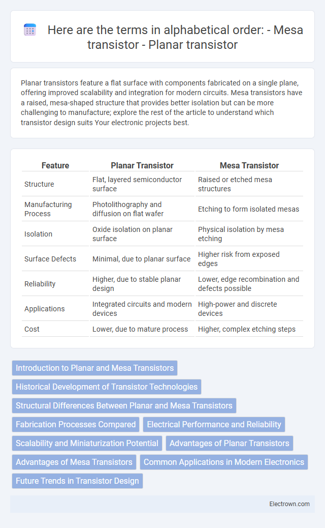 Here are the terms in alphabetical order:
- Mesa transistor
- Planar transistor in Analog Electronics - What is The Difference?